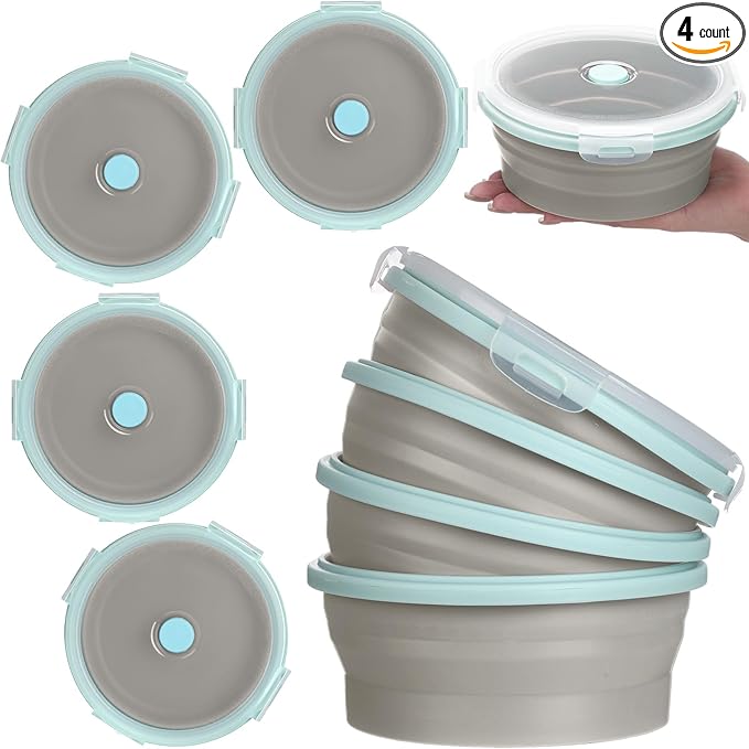 Suclain 4 Pcs Collapsible Bowls with Lids Silicone Camping Food Storage Container Expandable Folding Salad Lunch Box Travel Container for Hiking Camping