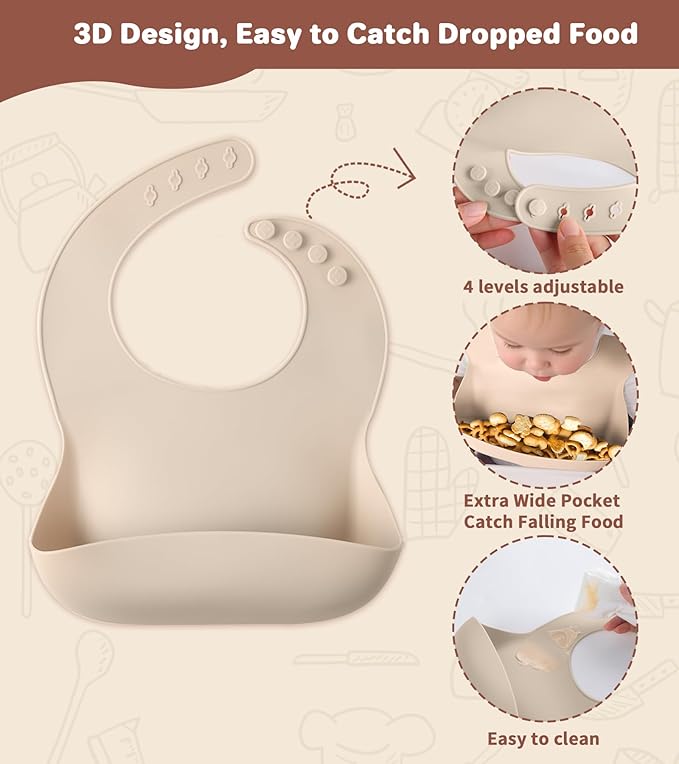 ECLIP Silicone Baby Feeding Set,10 Pcs Baby Led Weaning Supplies Baby Eating Essentials Set with Suction Bowl Divided Plate Adjustable Bib Soft Spoon Fork Cup with Lid Drinking Cup, Travel Bag (Beige)