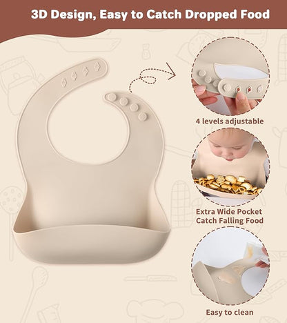 ECLIP Silicone Baby Feeding Set,10 Pcs Baby Led Weaning Supplies Baby Eating Essentials Set with Suction Bowl Divided Plate Adjustable Bib Soft Spoon Fork Cup with Lid Drinking Cup, Travel Bag (Beige)