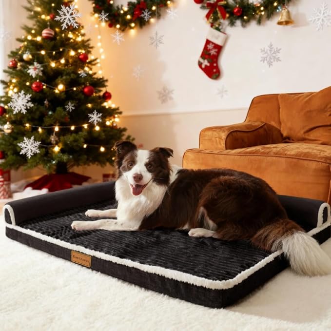 Patas Lague Orthopedic Dog Bed Large Sized Dog 36''X24'', Waterproof Comfortable L Bolster Medium Non-Slip Soft Warm Pet Crate Bed Sleep Sofa mat with Removable Washable Cover Black