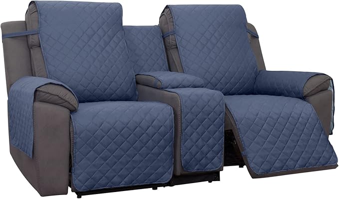 PureFit Water Resistant Reversible Loveseat Recliner Couch Cover for Double Recliner with Console – Non Slip Split Sofa Cover, Washable Reclining Cover for 2 Seat Recliner (Dark Blue/Light Blue)