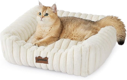 ZOMISIA Small Dog Beds for Small Dogs - Washable Cat Beds for Indoor Cats, Rectangle Orthopedic Puppy Bed with Fluffy Removable Cover, 20x19x7inches, Cream
