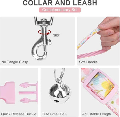 EXPAWLORER Dog Harness and Leash Set - Cute Puppy Harness Leash Dog Collar with AirTag Holder Silicone Case, Soft Padded Step in Pet Vest Reflective for Outdoor Walking, Floral L