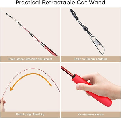 Cat Toys for Indoor Cats, 11 Packs Interactive Cat Wand Toy Set with Feather Toys&Ribbon Refills,Retractable Cat Wand with Bell Refills for Kittens Play and Exercise