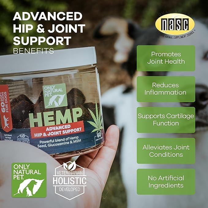 Only Natural Pet Hemp Advanced Mobility Support for Dogs Holistic Wellness Hip Bone Joint Health - Inflammatory Function Relieves Pain Stiffness Green Lipped Mussels Turmeric (HA) 60 Count - 2 Pack