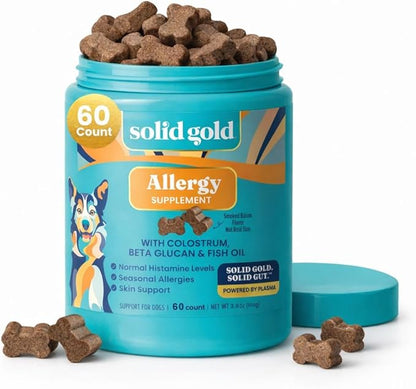 Solid Gold Dog Allergy Relief Chews - Dog Itching Skin Relief & Seasonal Allergies Support - Alaskan Salmon Oil for Dogs Skin, Coat & Immune Support - Bacon Flavor Soft Allergy Chews for Dogs - 60ct