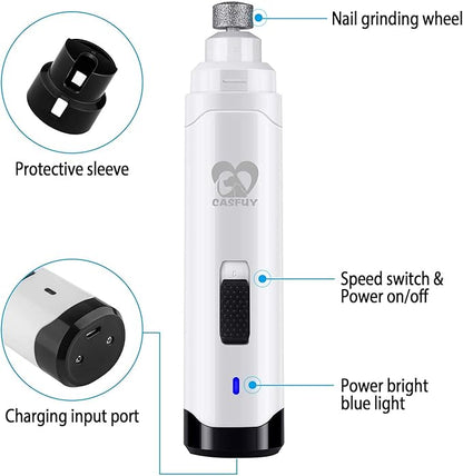 Casfuy Dog Nail Grinder Upgraded - Professional 2-Speed Electric Rechargeable Pet Nail Trimmer Painless Paws Grooming & Smoothing for Small Medium Large Dogs & Cats (White)