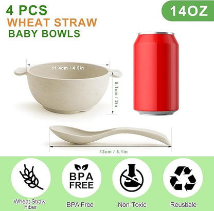 shopwithgreen Unbreakable Kids Bowls -Microwave Dishwasher Safe- Wheat Straw Snack Bowl Sets for Kids and Toddler-4 Bowls and 4 Spoons, Lightweight and Durable, 14 OZ