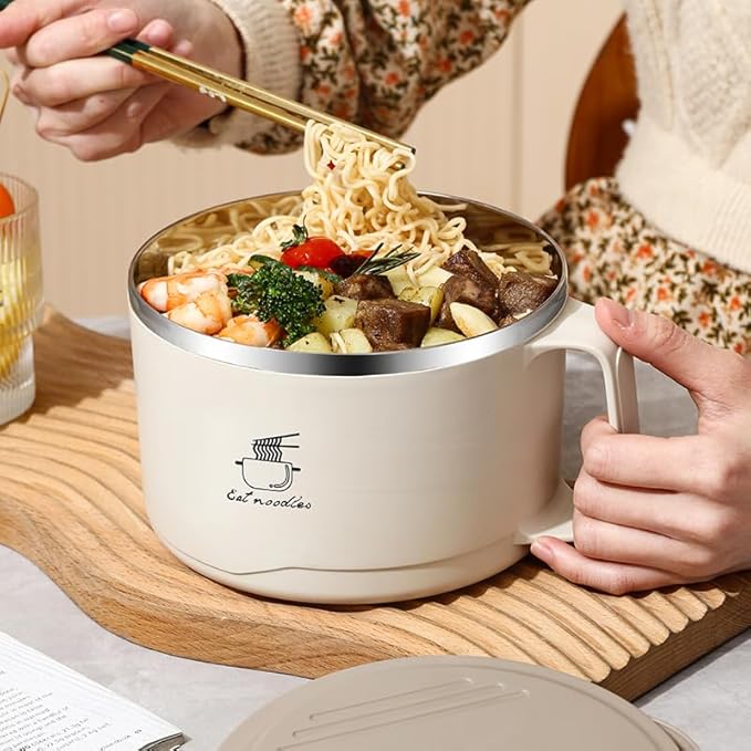 1700ml Heat-Insulated 304 Stainless Steel Ramen Bowl with Phone Holder Lid – BPA-Free, Portable Lunch Bowl for Camping, RV, Hiking, Office & Travel (Gray)