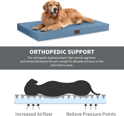 Outdoor All Weather XL Dog Bed, Waterproof Pet Bed for Extra Large Dogs, Orthopedic Egg Crate Foam with Removable Washable Oxford Cooling Cover, 44x32 Inch, Blue