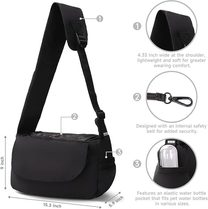 Dog Carrier Sling, Cat Sling Carrier, Adjustable Soft Padded Shoulder Strap with Storage Pocket, Small Dog and Cats Sling Carriers up to 10 lbs, Hands-Free Pet Carrier for Travel Hiking Walking Black