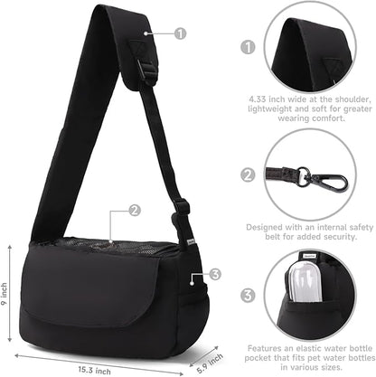 Dog Carrier Sling, Cat Sling Carrier, Adjustable Soft Padded Shoulder Strap with Storage Pocket, Small Dog and Cats Sling Carriers up to 10 lbs, Hands-Free Pet Carrier for Travel Hiking Walking Black