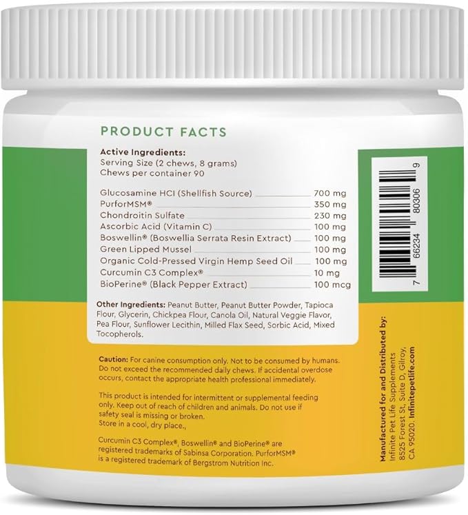 Infinite Pet Life Ultimate Hip & Joint Chews for Dogs – Peanut Butter Flavor – Glucosamine, Chondroitin, MSM & Turmeric – Advanced Joint Support for Dogs 90 Soft Chews