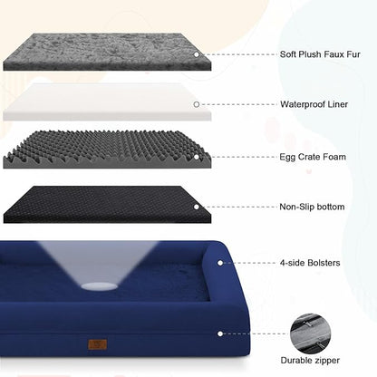 Jumbo Dog Beds for Extra Large Dogs, Waterproof Orthopedic Egg Crate Foam Dog Bed with Removable Bolster Washable Cover, Non-Slip Big Pet Couch for Extra Large Dogs, Blue