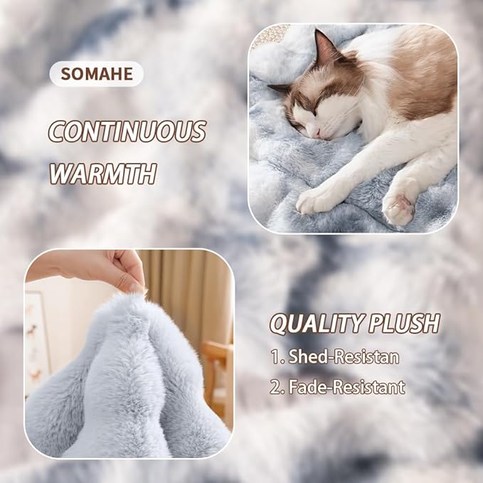 Cat Bed, Plush Faux Fur Kneading Flat Mat - Machine Washable Fluffy Pet Bed for Indoor Cats, Non-Slip Small Kitten Bed, Therapeutic Knead Cat Mat for Couch & Window Sill, 23"×15" Inch, Blue