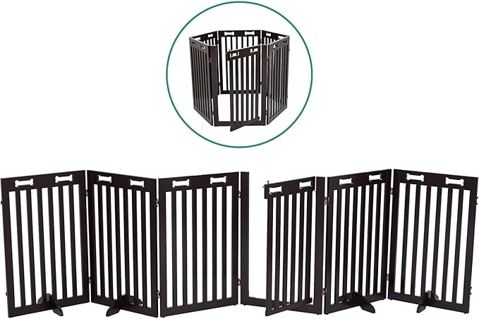 Arf Pets Freestanding Dog Gate with Door, 6 Panel 360° configurable Wooden Fence, 120" Wide, 31.5" Tall, Foldable, Four Support Feet Included, for The House - Indoor Use