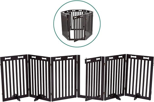 Arf Pets Freestanding Dog Gate with Door, 6 Panel 360° configurable Wooden Fence, 120" Wide, 31.5" Tall, Foldable, Four Support Feet Included, for The House - Indoor Use