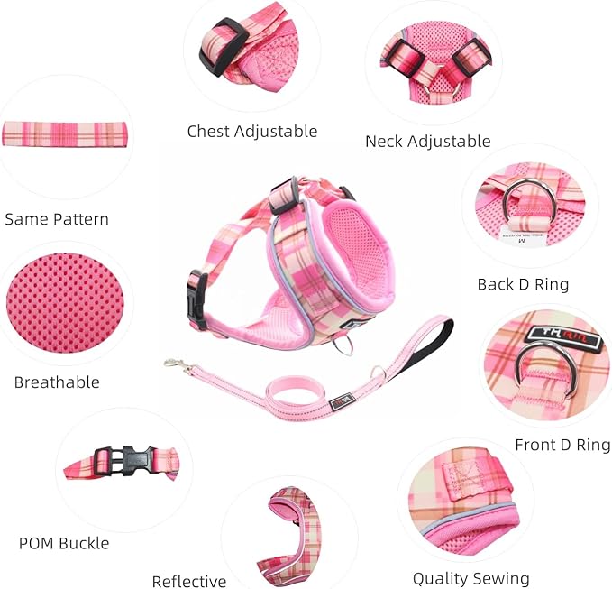 THAIN Reflective Dog Vest Harness & Leash Set – No-Pull Design, Adjustable & Comfortable for Small Dogs (S, Pink Plaid)