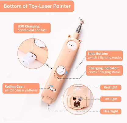 Gochanmon Cat Laser Toys, 2 in 1 Laser Pointer Cat Toys,Internative Cat Toys for Indoor Cats,3+5 Light Modes Cat Wand Toy, Retractable Cat Feather Toys, Long Range Kitten Toys,USB Rechargeable