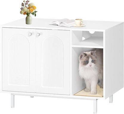 Hzuaneri Cat Litter Box Enclosure Enclosed, Hidden Litter Box Cabinet Furniture with Storage, Wooden Indoor Cat House Large, Modern End Table for Living Room Entryway, White CB01513W