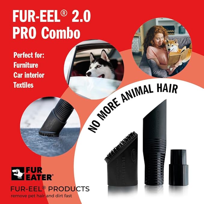 FUR-EEL PRO 2.0 Combo Pet Hair Removal Tool for Car Detailing | Universal Vacuum Attachment for Dog & Cat Hair | Fits 1-1/4" & 1-3/8" Hoses | Replaceable Soft Rubber Head | Washable & Reusable