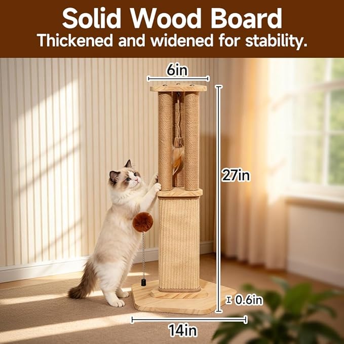 Cat Scratching Post for Indoor Cats,Kitten sisal Scratch Post for Cute Small Medium Adults cat,Rope Scratcher with Ball (27" H)