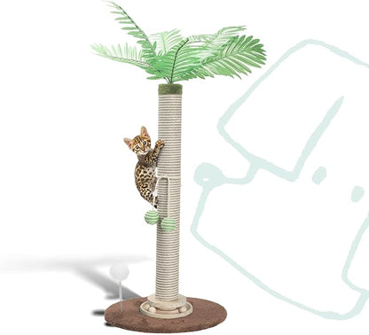 Cat Scratching Post 34 Inch with Rotating Turntable and Removable Hanging Ball, Cat Scratcher for Indoor Cats, Ultra Stable Base, Paw-FGreen Baseriendly Jute Material, Brown Base
