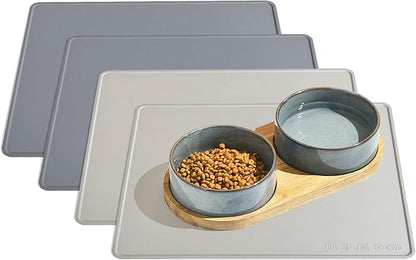 KVK Dog Water Mat 2-Pack 20×16in - Silicone Dog Mats for Food and Water, Non-Slip Pet Feeding Mat for Floors, Waterproof Cat Bowl Mats to Prevent Spills -Dark Gray & Silver Gray
