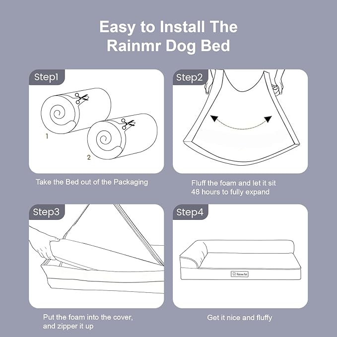 Rainmr Orthopedic Dog Beds for Large Dogs, Memory Foam Dog Beds Large Sized Dogs, Washable Removable Cover, Nonskid Bottom, Waterproof, for Indoor, Outdoor, Crate ＆ Car Use, 44x32x6 Inches, Light Grey