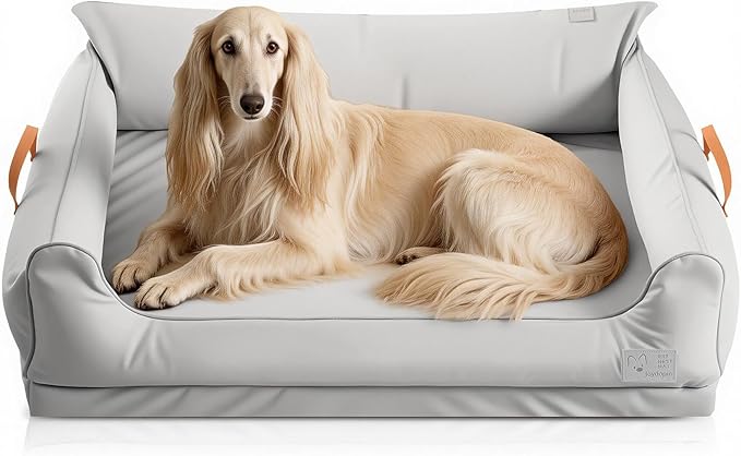 Removable Orthopedic Dog Beds for Large Dogs, Leather Memory Foam Dog Sofa Bed, Waterproof Durable Dogs Bed Couch with Non Skid Bottom for All Pet Sizes (Silver Gray, Medium)
