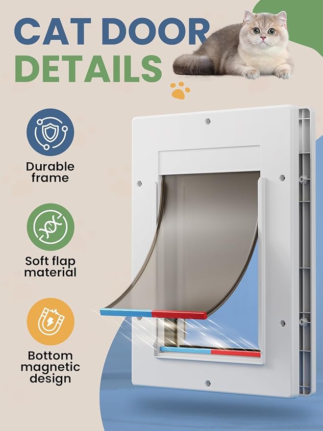 Cat Door, Cat Door Interior Door with Soft Magnetic Flaps, Sliding Panel Closure, Telescoping Tunnel, Easy DIY Installation Kitty Door, Exterior Cat Doors for Cats Up to 20 lbs, White