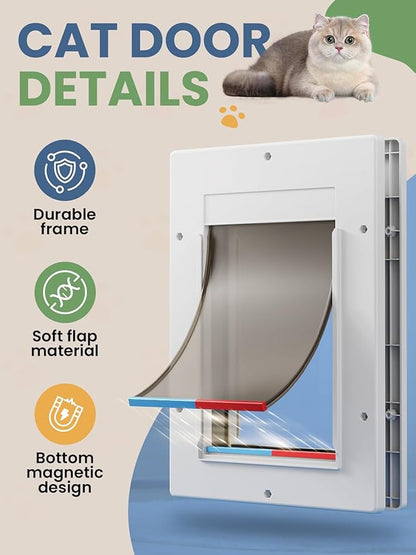 Cat Door, Cat Door Interior Door with Soft Magnetic Flaps, Sliding Panel Closure, Telescoping Tunnel, Easy DIY Installation Kitty Door, Exterior Cat Doors for Cats Up to 20 lbs, White