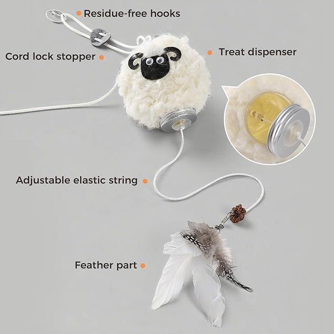 Interactive Cat Toys for Indoor Cats - [2026 New] Elastic Cat Feather Toys with Lamb-Shaped Puzzle Dispenser, Hanging Enrichment Toy that Delivers Joy and Award