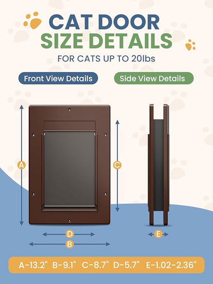 Cat Door, Cat Door Interior Door with Soft Magnetic Flaps, Sliding Panel Closure, Telescoping Tunnel, Easy DIY Installation Kitty Door, Exterior Cat Doors for Cats Up to 20 lbs, Brown