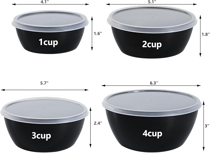 Set of 4 Plastic Prep Bowls with Lids，Microwave and Dishwasher Safe (Black)