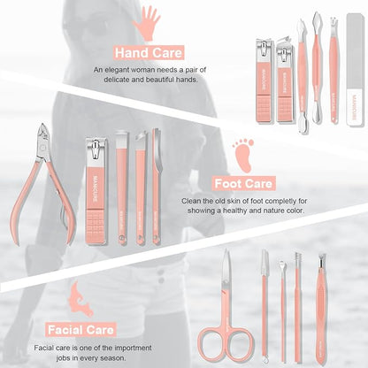Manicure Set Professional Nail Clippers Pedicure Kit, 16 pcs Stainless Steel Nail Care Tools Grooming Kit with Luxurious Travel Leather Case for Thick Nails Men Women Gift (Pink)