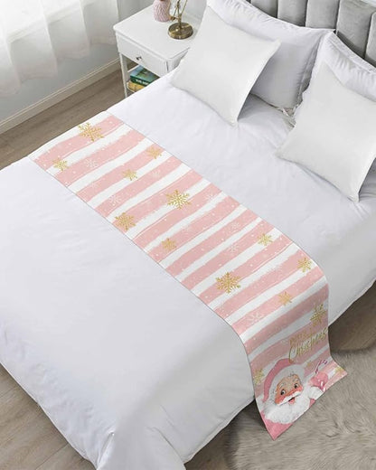 Pink Santa Christmas Bed Runner for Queen Size, Xmas Decorative Scarf Throws for Foot, Snowflake Pink White Striped Luxury Bedding Protector Slipcover for Home, 83 x 20 Inch