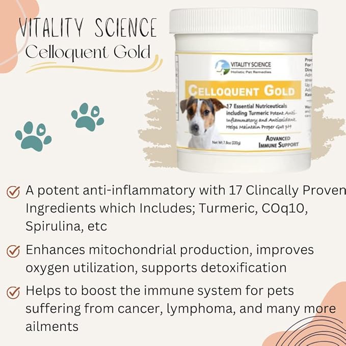Vitality Science Celloquent Gold for Dogs | Holistic Advanced Immune Support Supplement | 17 Proven Ingredients | Auto Immune, Vomiting and Diarrhea, Depression (60g)