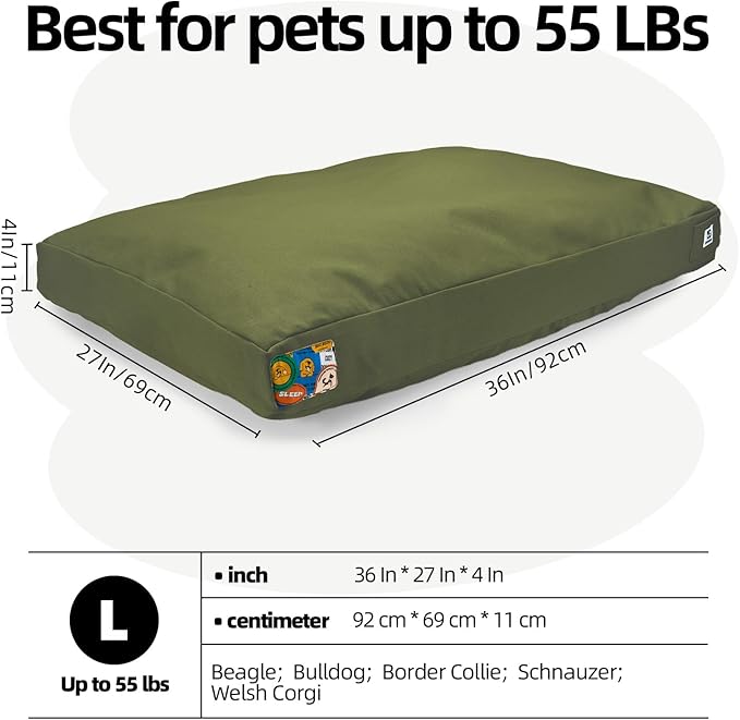 Sytopia 36 Inch Canvas Indestructible Outdoor Dog Bed for Large Dogs, Chew Proof Dog Bed with Waterproof Washable Removable Cover, Indoor Patio Pet Pad for Crate, Green