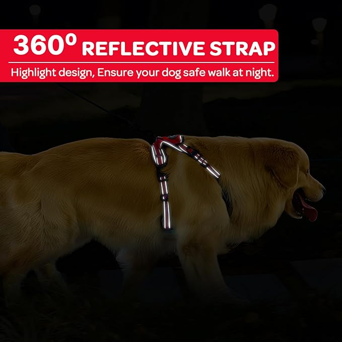 FURRYFECTION Plaid Dog Harness for Large Dogs, Reflective No Pull Adjustable Pet Vest with Front Clip, Leash, Easy Control Handle and Seat Belt, Red, L