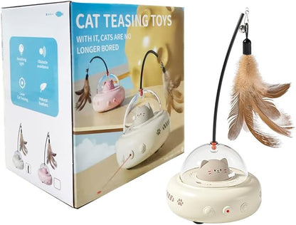 2 in 1 Rechargeable Interactive Cat Toys for Indoor Cats Self Play, Automatic Kitten Toys with Feather Wand and Laser Pointer for Cat Gifts (Cream White)