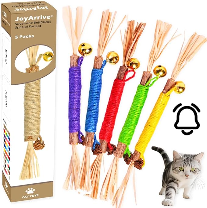 Natural Dried Matatabi Cat Chew Stick with Gall Fruit, Raffia Grass & Bell Cat Ball Toys, Handmade Silvervine Sticks Interactive Catnip Toy for Teething & Entertainment (Size M Color B)