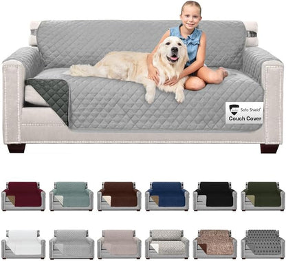 Sofa Shield Couch Slip Covers for Dogs, Reversible Furniture Protector with Strap, Stain and Tear Resistant Cushion Cover, 70 inch Seat, Machine Washable Slipcover Pets, Cats, Light Gray Charcoal