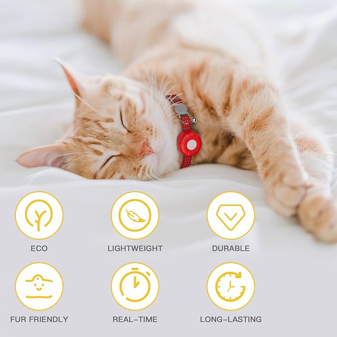Cat Tracker Collar,No Monthly Fee Pet Tracker for Cats (Only iOS),Waterproof Tracker Cat Collars with Safety Elastic Buckle,Cat Tracker Compatible with Apple Find My App-Red