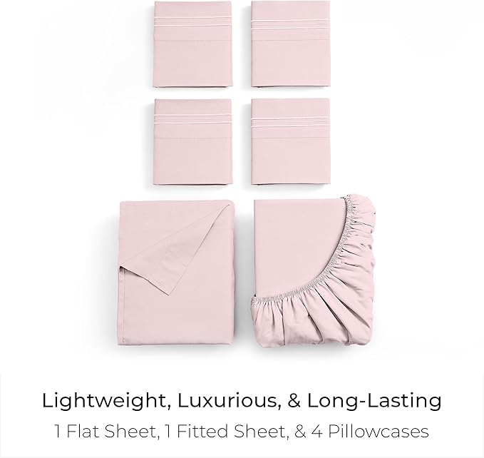Mellanni Full Sheet Set - 6-Piece Iconic Collection Bedding, (Including 4 Pillowcases), 21-Inch Extra Deep Pocket, Easy Care, Ultra Soft, Cooling Sheets, Brushed Microfiber - Blush Pink