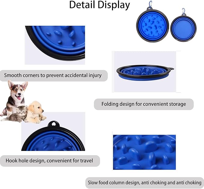 Pet Blue Collapsible Bowl Double Set - Slow Feeder Anti-Choke Bowl + Outdoor Portable,Foldable Dog Drinking,Slow Speed,Food&Dog pet Folding,Convenient,Foldable （Blue）