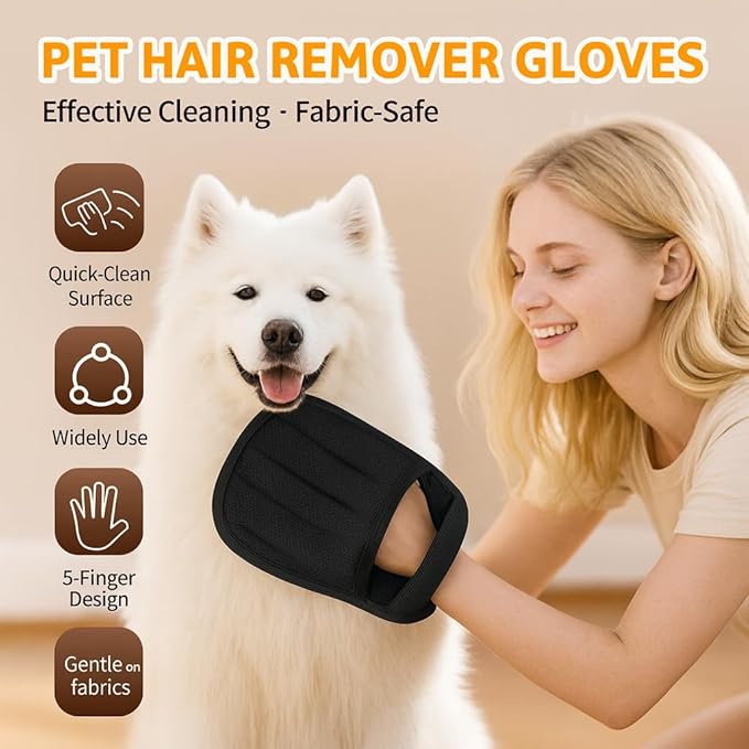 Pet Grooming Hair Removal Glove & Handy Brush Set (6 Pack) – Reusable Fur Remover for Dogs & Cats, Easy Deshedding Tool for Sofa, Clothes, Carpet & Car Seats
