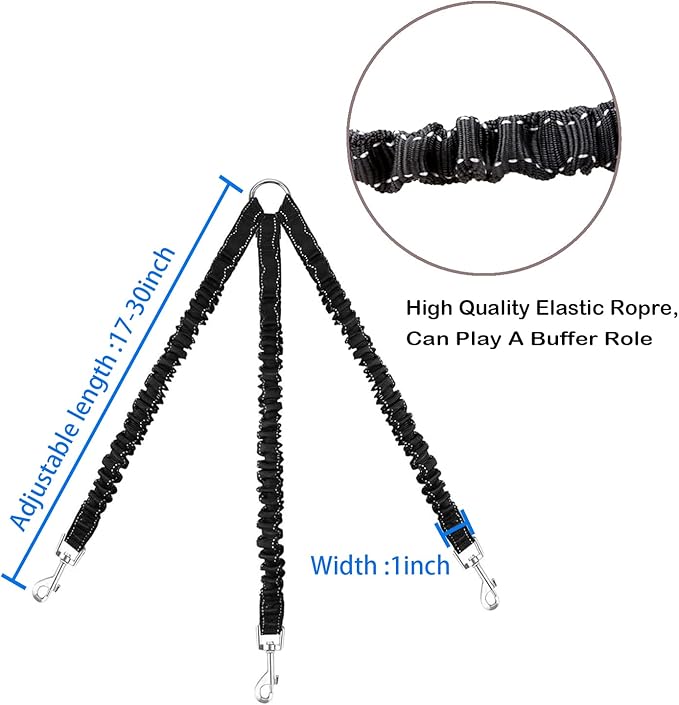 3 Way Dog Leash Coupler Heavy Duty No Pull Multiple Double Tangle Free Trio Nylon Bungee Cord Stretchy Sturdy Pups Lead for Small Medium Dogs Training Walking Doggy Puppy