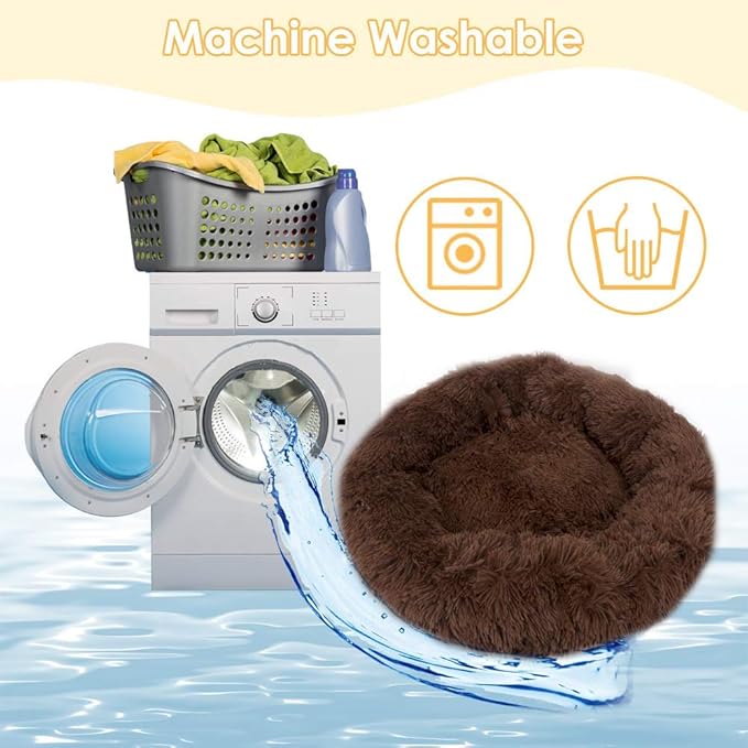Cat Beds for Indoor Cats - Pet Beds Washable 24 inches, Dog Beds for Small Medium Dogs, Anti Anxiety Round Fluffy Plush Faux Fur Cat Bed, Thick Bottom (Coffee, Large 24" L x 24" W)