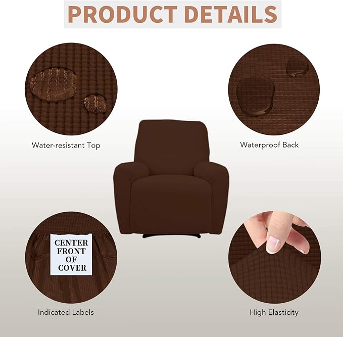 Easy-Going 100% Waterproof Recliner Cover, Dual Waterproof Couch Cover, 1-Piece Jacquard Sofa Cover, Leakproof Slipcover for Kids, Pets, Coffee Color